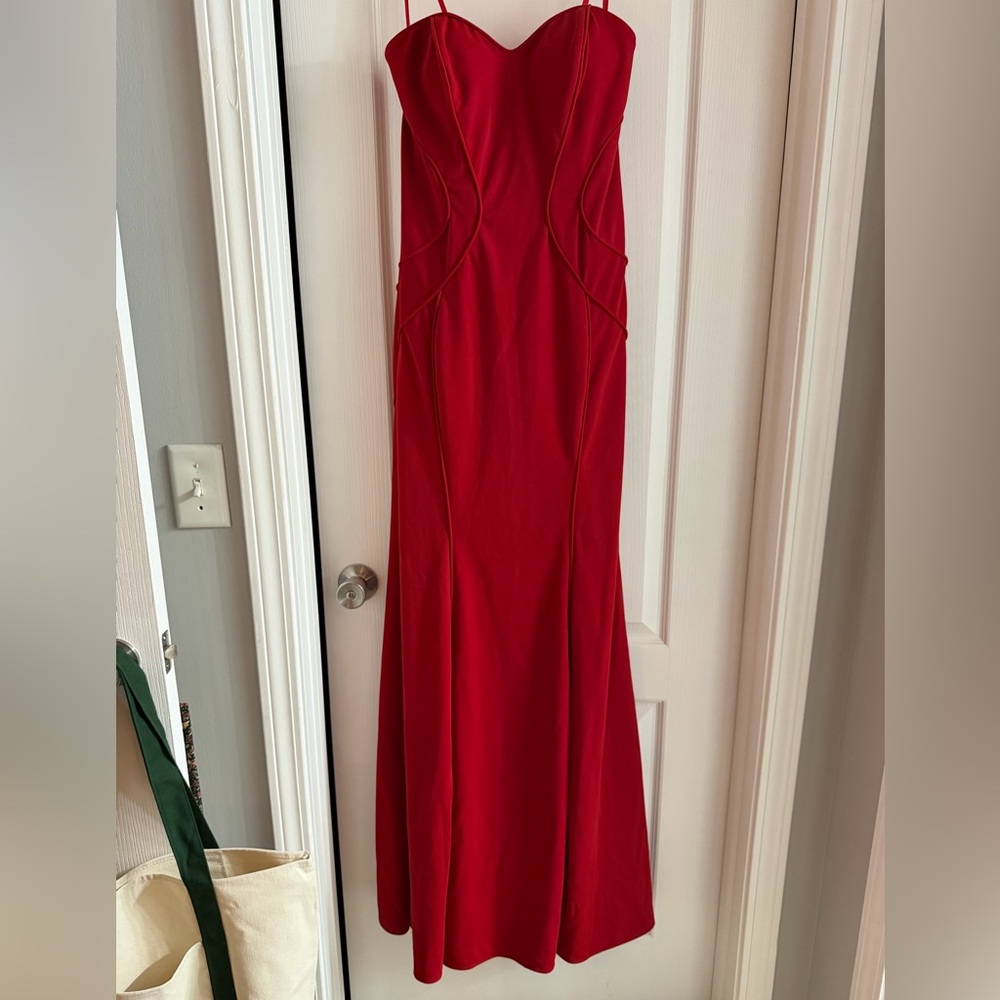 La Femme Strapless Scarlet Gown